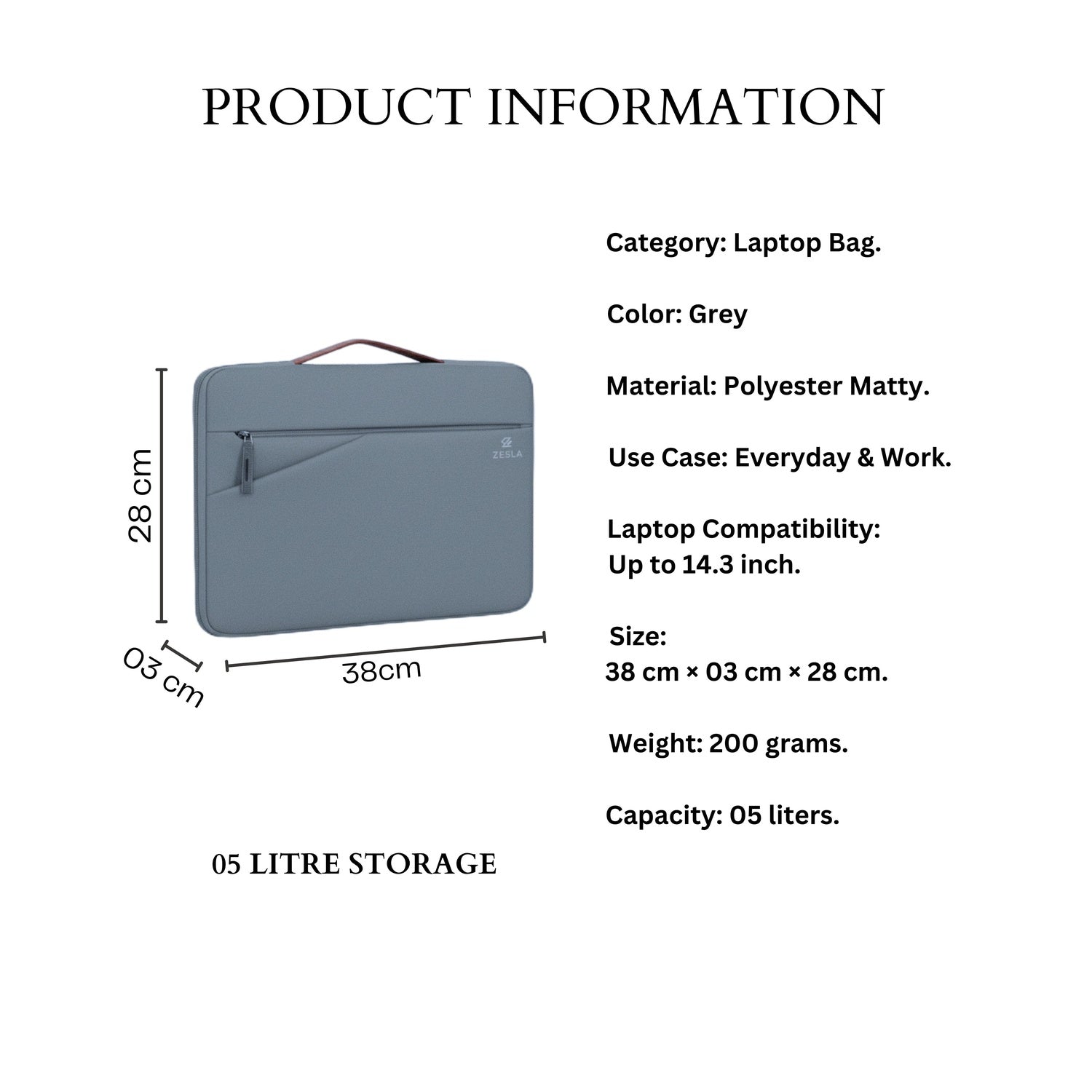 Zesla Premium 14-Inch Laptop Sleeve Bag | Shockproof Protective Case with Handle | Grey